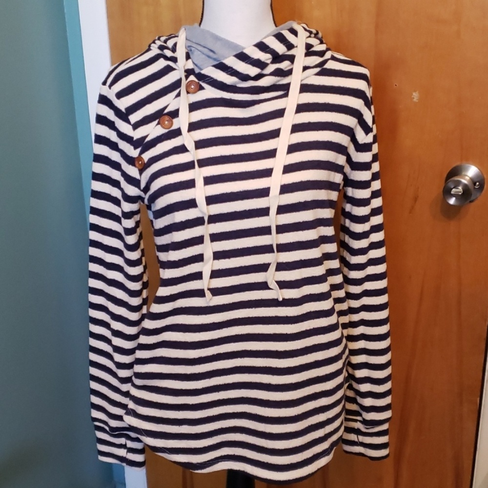 Tea N Rose Blue & Cream Striped Hooded Top, M